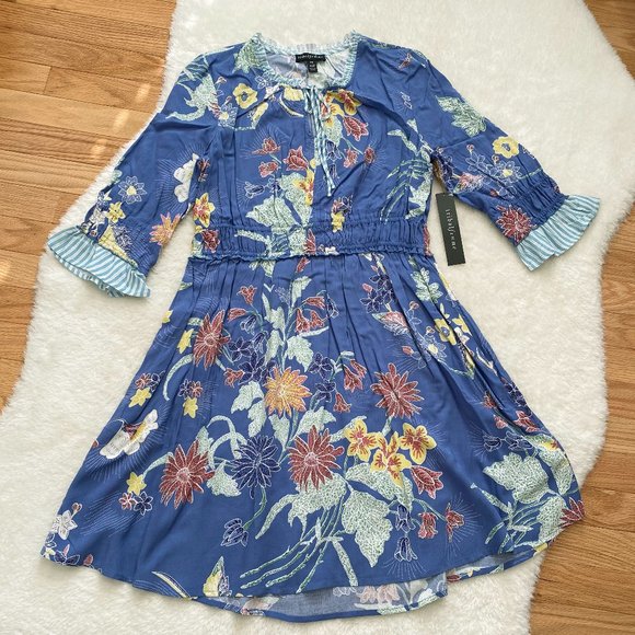 Tribal Dresses & Skirts - Tribal Femme Casual Dress, Boho, 3/4 Sleeve, Floral Print, Blue, Petite Small